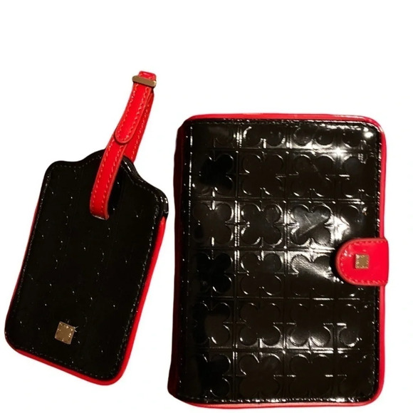 Luxury black  red trim clover embossed leather passport holder luggage tag set - Picture 10 of 10
